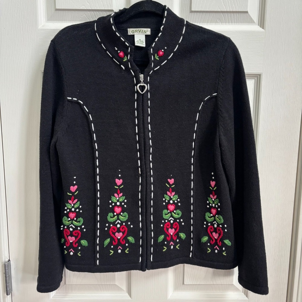 Orvis VTG Womens Black‎ Embroidered Floral Heart Zip Up Cardigan CottageCore MED